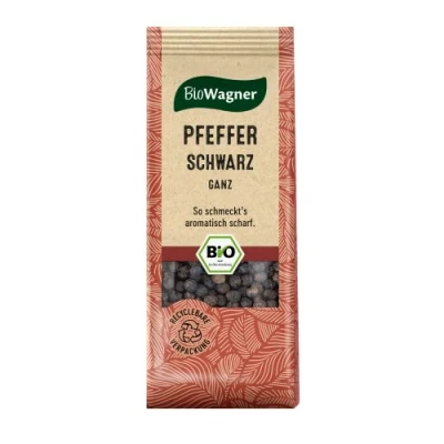 Abbildung von BioWagner Bio Pfeffer schwarz ganz intensive Schärfe für dunkles Fleisch und Saucen naturbelassene Zutaten recyclebare Verpackung 50 g