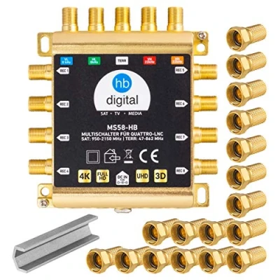 Abbildung von HB DIGITAL DVB S/S2 Multischalter 5/8 + 30x F Stecker vergoldet Montageschlüssel Multiswitch für 1 SAT, 8 Teilnehmer/Satelliten Receiver inkl. Netzteil MS58 HDTV FullHD 1080p 4K UHD