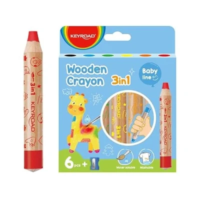 Abbildung von Keyroad JUMBO 3 in 1 Holz Wachskreiden/Aquarell Wachsmalstifte Wasserlöslich 6 Stück plus ein Spitzer/Buntstifte für Kinder Junge Erwachsene/Kindersicher Ungiftig,KR972328,Mehrfarbig