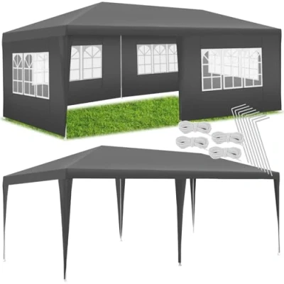 Abbildung von tectake® Pavillon 3x6, mit 5 abnehmbaren Seitenteilen Fenstern, wasserdichte Plane UV Schutz, inkl. Spannseile &amp; Heringe, Partyzelt für Garten Party Festival Event Hochzeit grau