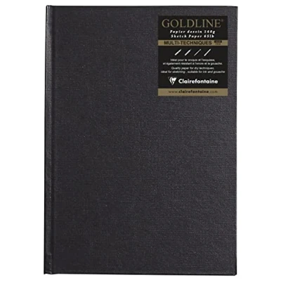 Abbildung von Clairefontaine Ref. 34245C Goldline Kastenblock (64 weiße Blätter) A5 Größe (210 x 148 mm), 140 g/m² Papier, Hochformat schwarzer Einband geeignet für Trockentechniken