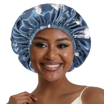 Abbildung von Hat Hut Seidenhaube Satin Bonnet Schlafhaube Einstellbare Seidenmütze Doppellagig Silk Schlafmütze für Damen (Ocean)