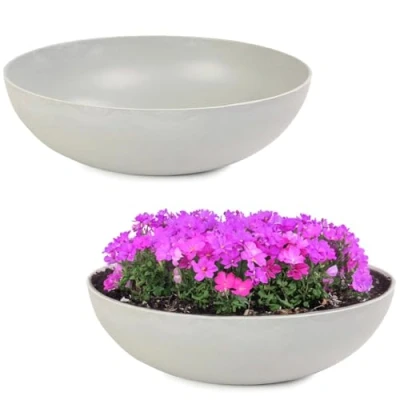 Abbildung von matches21 Pflanzschalen für draußen 2 große Vintage Dekoschalen beige grau marmoriert als Blumentopf Pflanztopf Schale in 37 cm Garten Vogeltränke Balkon Deko oder Friedhof Grabschale