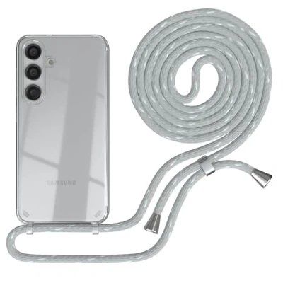 Abbildung von EAZY CASE Handykette kompatibel mit Galaxy S25 Handyhülle Umhängeband, Handykordel Schutzhülle, Silikonhülle, Hülle Band, Stylische Kette für Smartphone, Grau/Weiß Clips Silber