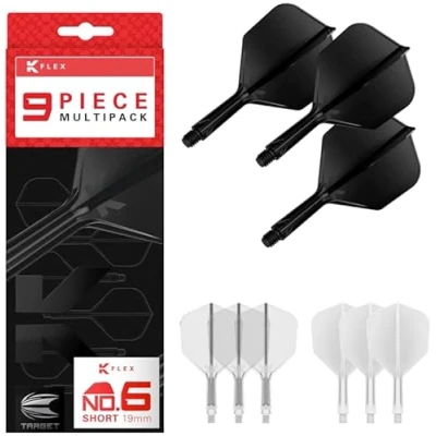 Abbildung von Target Darts K Flex Integrated Dart Flights and Shafts, Stiel (26 mm), mittlerer Schaft, Nr. 6 Flight, 9er Pack, schwarz, weiß und transparent Kflex 2 In 1 Flight Stiel, professionelles Dartzubehör