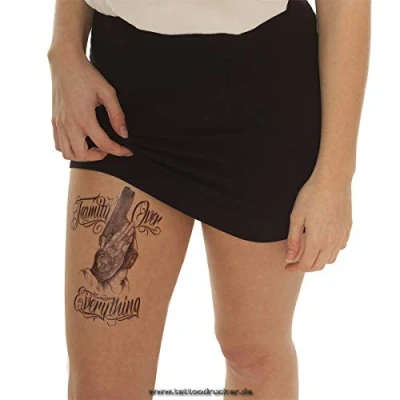 Abbildung von Pistole, Hände, Family Over Everything schwarzes XL Tattoo Body Temporary Fake TH497 (1 x Pistole Tattoo)