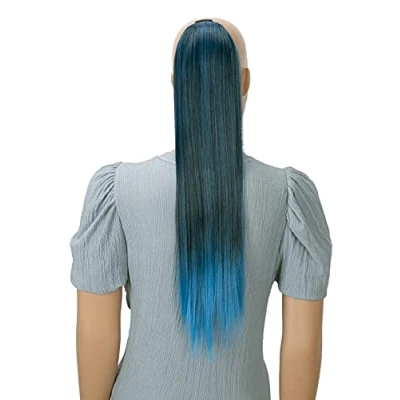 Abbildung von CAISHA 60cm Zopf mit 2 Bändern Pferdeschwanz Langhaar Extensions Haarverlängerung Haarteil Glatt Schwarz Hellblau Mix HCB5