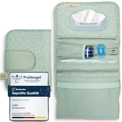 Abbildung von Jubi® Windeltasche mit Wickelunterlage für unterwegs extra viel Platz Kleine Wickeltasche Mint Punkten (Klettverschluß)