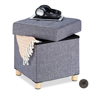 Abbildung von Relaxdays Sitzhocker mit Stauraum, weich gepolstert, gesteppt, Stoffbezug, Sitzwürfel, HxBxT: 40 x 38 cm, grau
