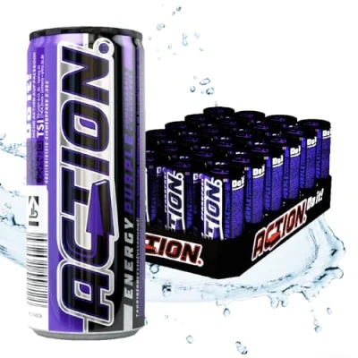 Abbildung von ACTION Energy Drink Purple (48 x 250ml) inkl. Pfand Erfrischungsgetränk mit Granatapfel Heidelbeer Geschmack Energiekick erhöhtem Koffeingehalt 32mg/100ml Koffein verbesserte Leistung