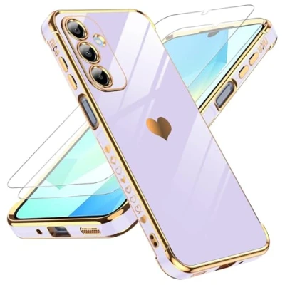 Abbildung von LeYi Handyhülle für Samsung Galaxy A16 5G Hülle mit 2*Schutzfolie, Cute Herz Muster TPU Silikon Galvanik Stoßfest Schutzhülle Cover Case, Kameraschutz Kratzfest A 16 4G/5G Lila