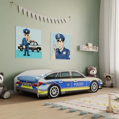 Abbildung von Kids Collective Autobett Kinderbett Jugendbett 70x140 und 80x160 cm Polizei Motiv, mit Rausfallschutz Kinder Spielbett Matratze