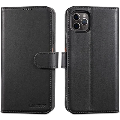 Abbildung von LENSUN Echtleder Hülle für iPhone 11 Pro Max, Handyhülle Flip Cover [Echtes Leder][Kartenfach][RFID Schutz] Handytasche Lederhülle Max Schwarz