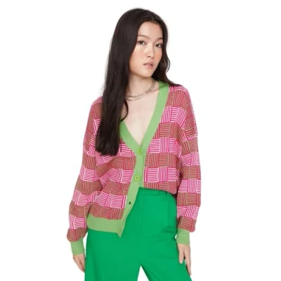 Abbildung von Trendyol Damen Strickjacke mit V Ausschnitt und Muster, Oversize Pullover, grün, L