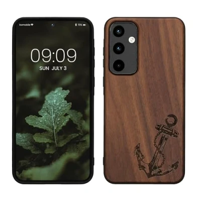 Abbildung von kwmobile Hülle kompatibel mit Samsung Galaxy A55 5G Holz Case Handy Cover TPU Handyhülle in Dunkelbraun Anker Vintage