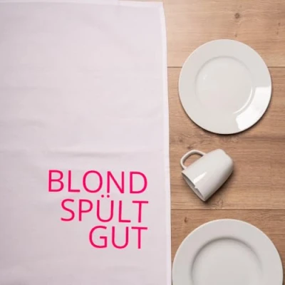 Abbildung von Geschirrtuch weiss, BLOND SPÜLT GUT, neon pink
