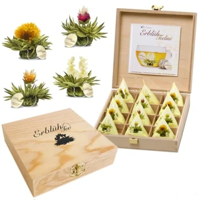 Abbildung von Creano Teelini Teeblumen im Tassenformat, Geschenkset in Teekiste aus Holz, 12 ErblühTeelini 4 Sorten, Weißer Tee, Geschenk für Frauen, Mutter, Teeliebhaber