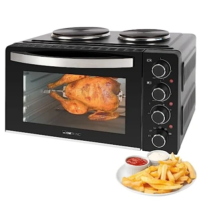 Abbildung von CLATRONIC Minibackofen KK 3786, Mini Backofen mit Kochplatten und Drehspieß