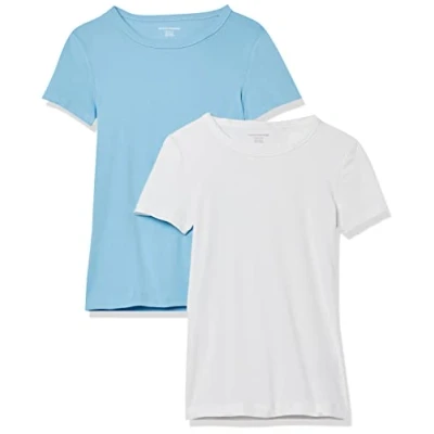 Abbildung von Amazon Essentials Damen Kurzärmeliges T Shirt mit Rundhalsausschnitt, Schmale Passform, 2er Pack, Weiß/Hellblau, S