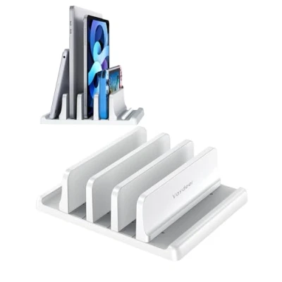 Abbildung von Vaydeer Vertikaler Laptop Ständer mit 3 Schlitzen, aus hochwertigem ABS Kunststoff, 5 in 1 Design, platzsparend, verstellbar, Schreibtisch Organizer für alle MacBook/Chromebook/Oberflächen (weiß)