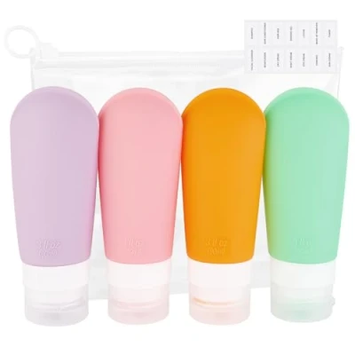 Abbildung von AiQInu Silikon Reiseflaschen Set 90ml, 4 Stück zum Befüllen, Auslaufsicher Nachfüllbare Portable Reise Container für Shampoo Creme Spülung Körperpflege, BPA frei und TSA Geprüft
