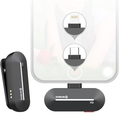 Abbildung von Moman Kabellos Mikrofon Handy Ansteckmikrofon für iPhone, Wireless Lavalier Lightning2.4GHz, Rauschunterdrückung/Stummschaltung, Live,Videoaufzeichnung,YouTube,Vlog