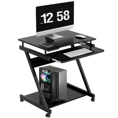 Abbildung von SogesHome Schreibtisch Klein Computertisch mit 4 Rollen 2 Davon Bremsen PC Tisch in Z Form Tastaturauszug für Zuhause und Büro, 60 x 48 cm