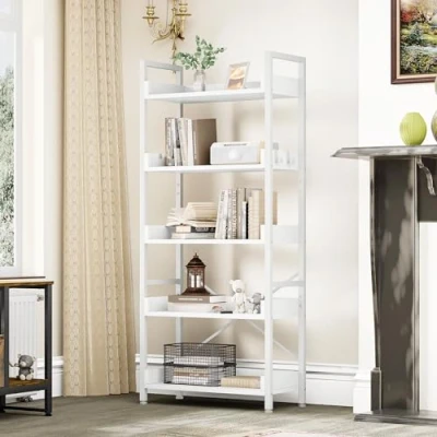 Abbildung von YITAHOME Bücherregal 5 Etagen, Bodenstehendes Bücherregal, Holzregal und stabiles Stahlrahmenregal mit 4 Haken Industrielles Lagerregal für Wohnzimmer, Heimbüro, Reinweißes