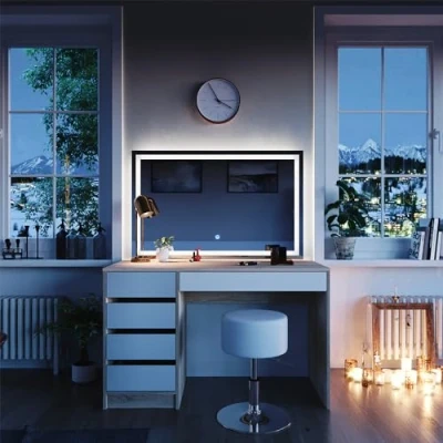 Abbildung von Vicco Schminktisch Sherry, Weiß/Sonoma, 120 cm mit LED Spiegel und Hocker