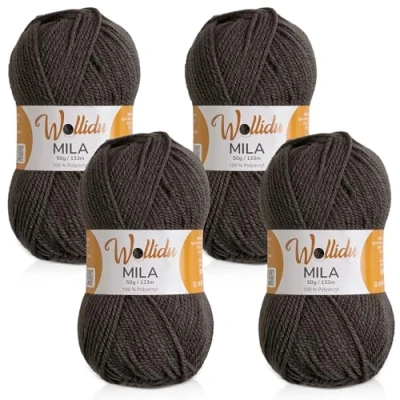 Abbildung von Wollidu Mila Garn zum Häkeln und Stricken 4 x 50g/133m Strickgarn 100% Polyacryl Häkelgarn Schiefer Grau