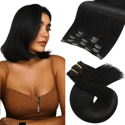 Abbildung von Moresoo Clip Extensions Echthaar Günstig Haarverlängerung Schwarz Doppelt Tressen in Remy Natürliches #1B 80g 25cm 5