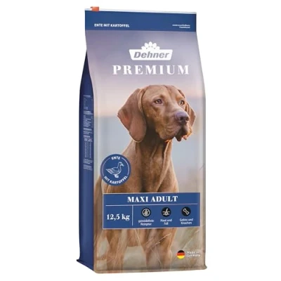 Abbildung von Dehner Premium Hundefutter Maxi Adult, Trockenfutter getreidefrei / zuckerfrei, für ausgewachsene Hunde großer Rassen, Ente Lamm Kartoffel, 12.5 kg