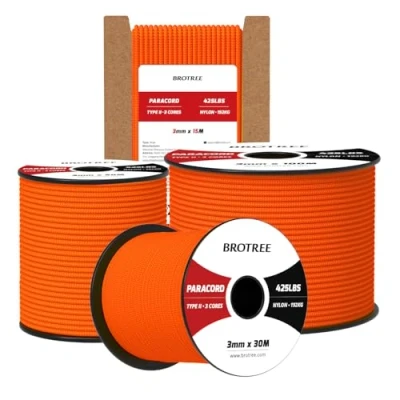 Abbildung von Brotree Paracord 3mm 100M 100% Nylon Seil Schnur Typ II 425 mit 3 Kern für Survival, Outdoor, Armband, Basteln Bruchlast 192kg (Orange)