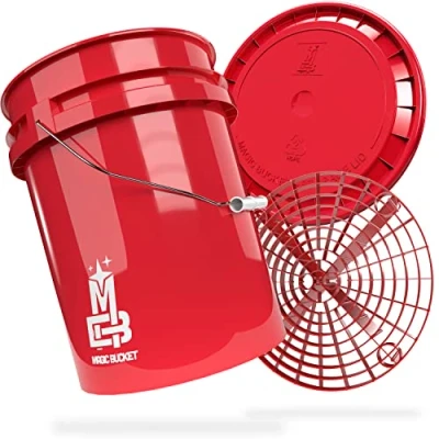 Abbildung von MAGIC BUCKET Auto Handwäsche Bundle Wascheimer Mit passendem Eimer Deckel 5 US GALLONEN ca. 20 Liter Grit Guard Eimereinsatz Schmutzsieb Waschset Rot/Rot