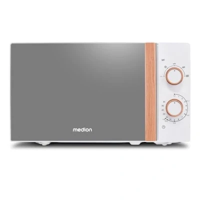 Abbildung von MEDION Mikrowelle (Holzoptik, Freistehend, 20 Liter, 700 Watt, Verspiegelte Tür, 5 Leistungsstufen, Auftaufunktion, Zeitschaltuhr, MD10596) weiß