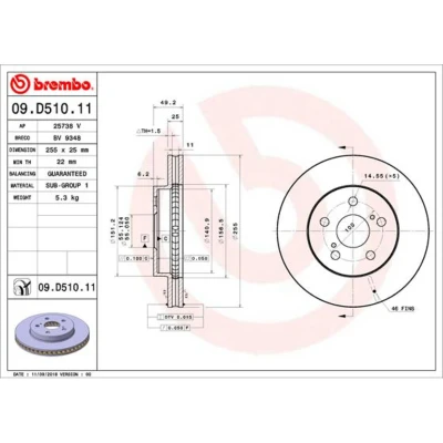Abbildung von BREMBO 09.D510.11 Bremsscheibe 255 25 5 innenbelüftet beschichtet TOYOTA: Prius IV Liftback, PHV Schrägheck