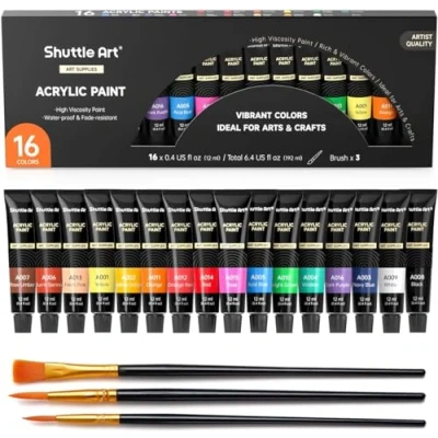 Abbildung von Shuttle Art Acrylfarbe Set, 16 x12ml (0.4 oz) Tuben Künstlerqualität ungiftig reiche Pigmente geeignet für Kinder Erwachsene Profession Malen auf Leinwand Holz Lehm Textil Keramik Handwerk