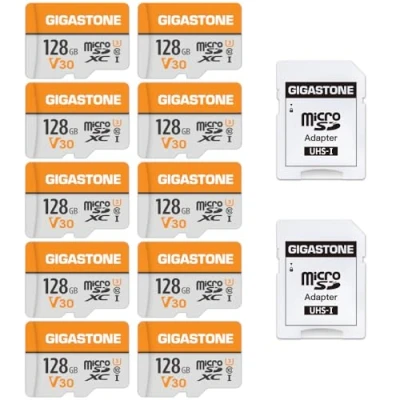 Abbildung von Gigastone 128GB MicroSDXC Speicherkarte 10er Pack + SD Adapter, für Gopro, Action Kamera, Drohne, DJI, Tablet, Switch bis zu 95MB/s, UHS I U3 V30 Klasse 10, 4K UHD Video Micro Karte