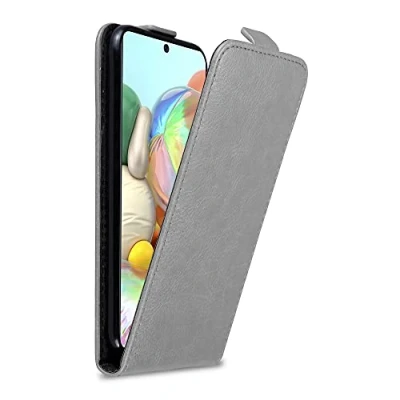 Abbildung von Cadorabo Hülle kompatibel mit Samsung Galaxy A71 4G Flip Design aus Premium Kunst Leder Klappbare Stoßfeste Magnetische Cover für Tasche in Grau