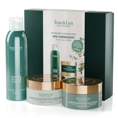 Abbildung von Jean &amp; Len Spa Ceremony Giftbox Rosemary Ginger, hochwertige Geschenkbox mit 3 hochwertigen Produkten, Produkte für Körper und Geist, Verpackung ist FSC zertifiziert, veganes Geschenkset