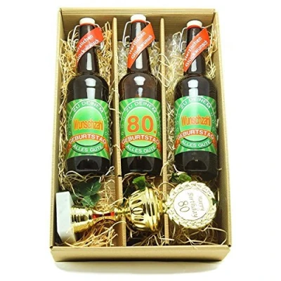 Abbildung von Bier Geschenk zum 80.Geburtstag Geburtstagsgeschenk achtzigster Geburtstag Präsentkarton mit und Pokal 80.
