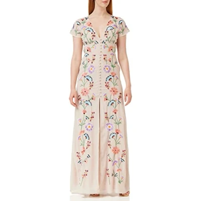 Abbildung von Maya Deluxe Damen Womens Maxi Dress Ladies Embroidered Button Front Split Tea Dess for Wedding Guest Bridesmaid Evening Prom Occasion Kleid, Multi, 42