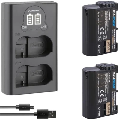 Abbildung von Blumax 2X EN EL15c Gold Akku 2250mAh + Slim Dual Ladegerät kompatibel mit Nikon Z5 Z6 II Z7