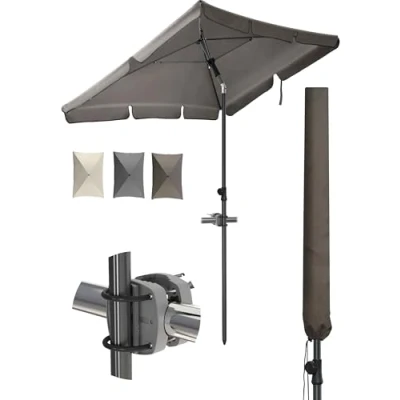 Abbildung von Menz Sonnenschirm Balkon 3 teiliges Komplettset, Taupe UPF 50+ rechteckig 200 x 125 cm + Sonnenschirmhalter Balkongeländer Sonnenschirmhülle, Sonnenschutz Balkon, Schirm