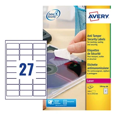 Abbildung von Avery Etiketten, manipulationssicher, 20 Blatt / 27 Etikett pro