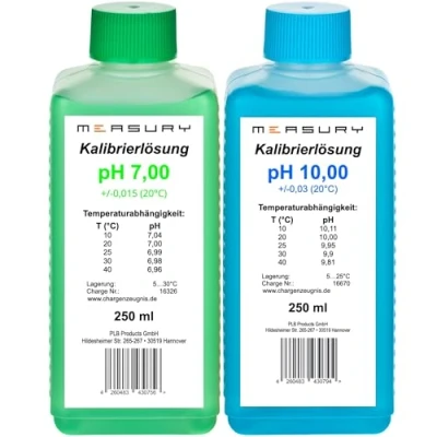 Abbildung von Measury pH Kalibrierlösung 7.00 und 10.00 hergestellt in Deutschland, Pufferlösung je 250ml, Eichlösung Grün/Blau, Kalibrierflüssigkeit Set Eichflüssigkeit