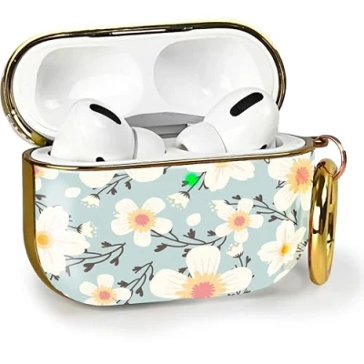 Abbildung von MyGadget Hardcase Hülle [ Blumen Motiv ] kompatibel mit Apple AirPods Pro (1.Gen 2019) Qi Karabiner LED Licht sichtbar Baby Blau Weiß