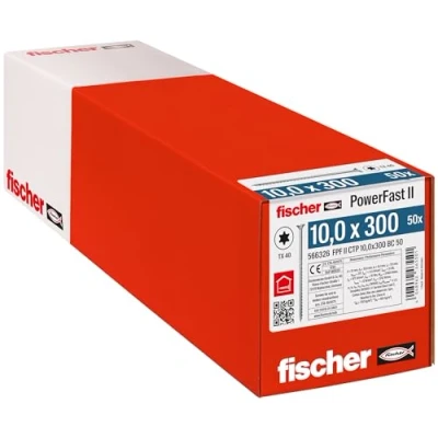 Abbildung von fischer PowerFast II CTP 10,0 x 300, kraftvolle Holzbauschraube mit Senkkopf, Innenstern Aufnahme und Teilgewinde, für den konstruktiven Holzbau, 50 Stk.