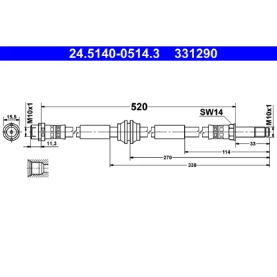 Abbildung von ATE 24.5140 0514.3 Bremsschläuche 520 M10x1 VOLKSWAGEN: Transporter 5 Kastenwagen, Bus, Multivan (7HM, FORD: FOCUS 3 Turnier, C Max 2
