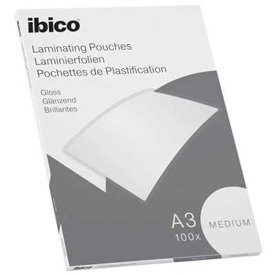 Abbildung von Ibico Basics Laminierfolien A3 Medium, 100 Stück, Glänzende Heißlaminierfolien, Abgerundete Ecken, Ideal für Zeichnungen und Plakate, Transparent, Kristallklar, 627312